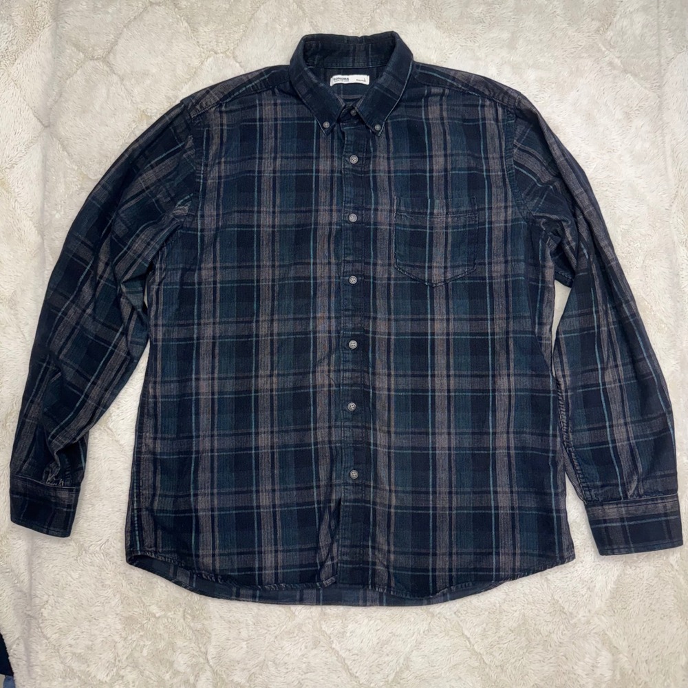 Sonoma Goods For Life Mens XL Plaid Corduroy Shirt Navy Blue Button Down Cotton